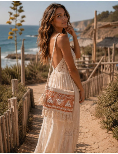 Boho Raw Bag with Fringe and Orange Embroidery
